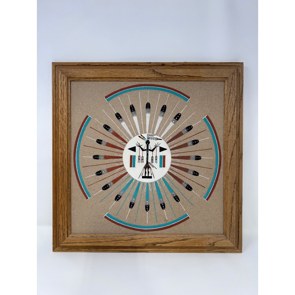 Authentic Navajo Sandpainting Sun and Eagle Johnson Signed Framed 12x12